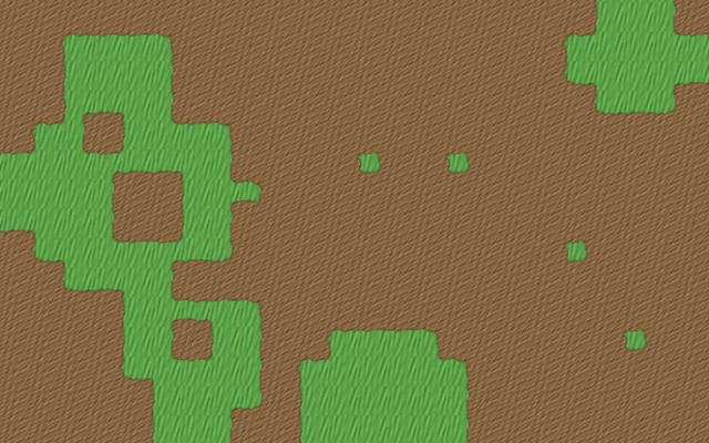 A map of grass patches on dirt with smooth, irregular edges, painted with the generated tiles