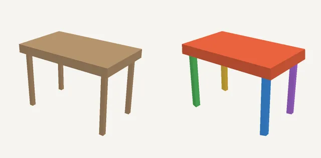 A wooden table next to its collision: one colored convex hull per leg and one for the top