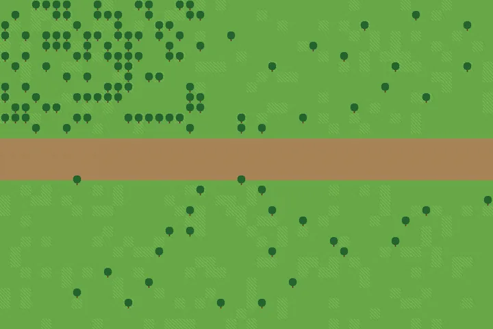 A top-down grass map with a dirt road across it, dense forest at the top and sparse trees below