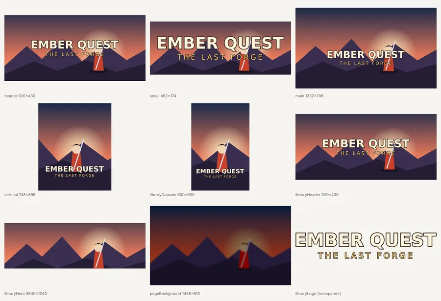 Ten Steam store images for a game called Ember Quest, each cropped to its own size